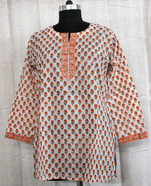 Indian 100%Cotton Hand Block Printed Tunics Tops Indian Kurti Women Summer Fashion Wear V-Neck Casual Tops - Mangogiftsstore