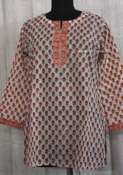 Indian 100%Cotton Hand Block Printed Tunics Tops Indian Kurti Women Summer Fashion Wear V-Neck Casual Tops - Mangogiftsstore