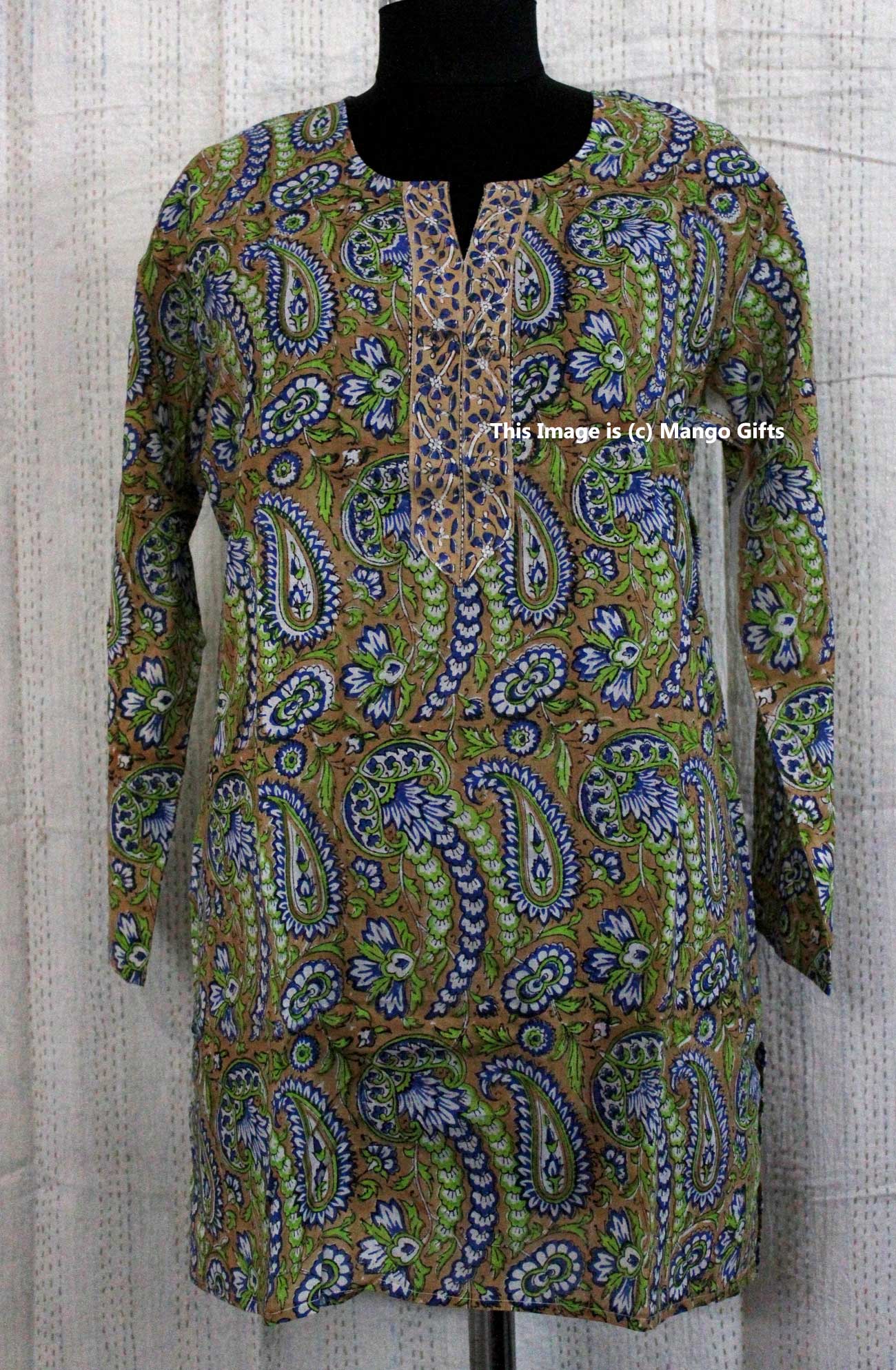 Indian 100%Cotton Hand Block Printed Tunics Tops Indian Kurti Women Summer Fashion Wear V-Neck Casual Tops - Mangogiftsstore