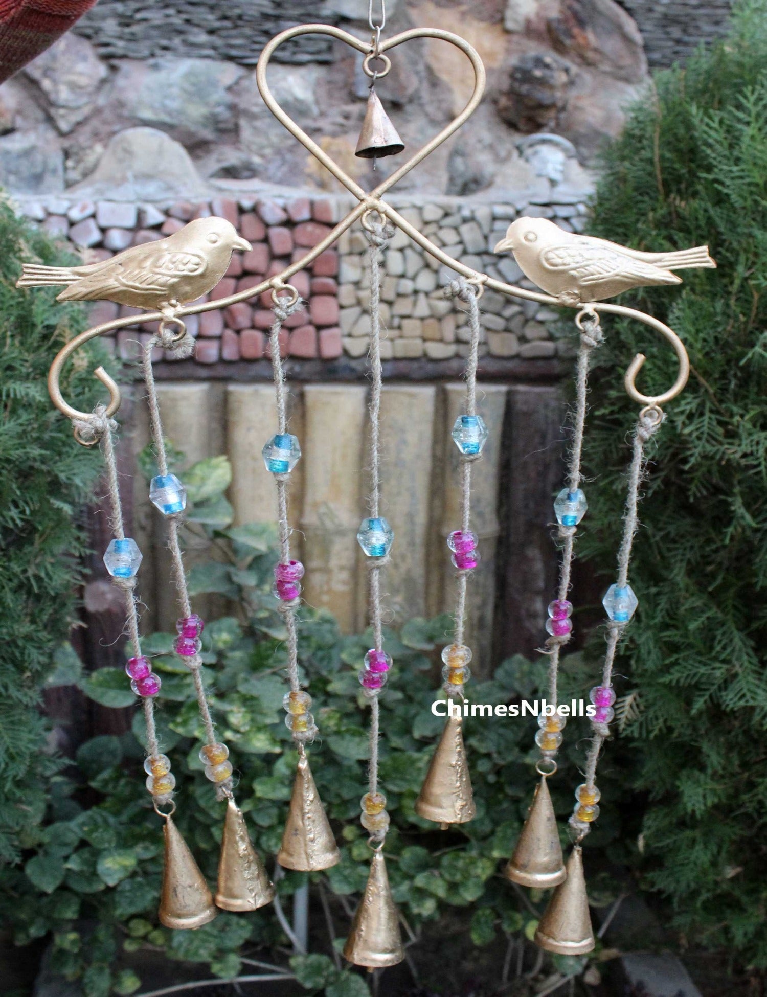 7 Bells Hanging Bird Windchime Outdoor Indoor Patio Ornaments Handmade Indian Metal Crafts - Mangogiftsstore