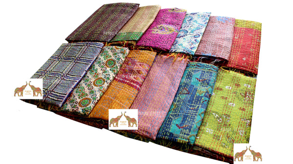 Vintage Kantha Silk Scarves Reversible 100%Silk Sari Saree Wraps Indian Dupatta Wholesale Supply - Mangogiftsstore