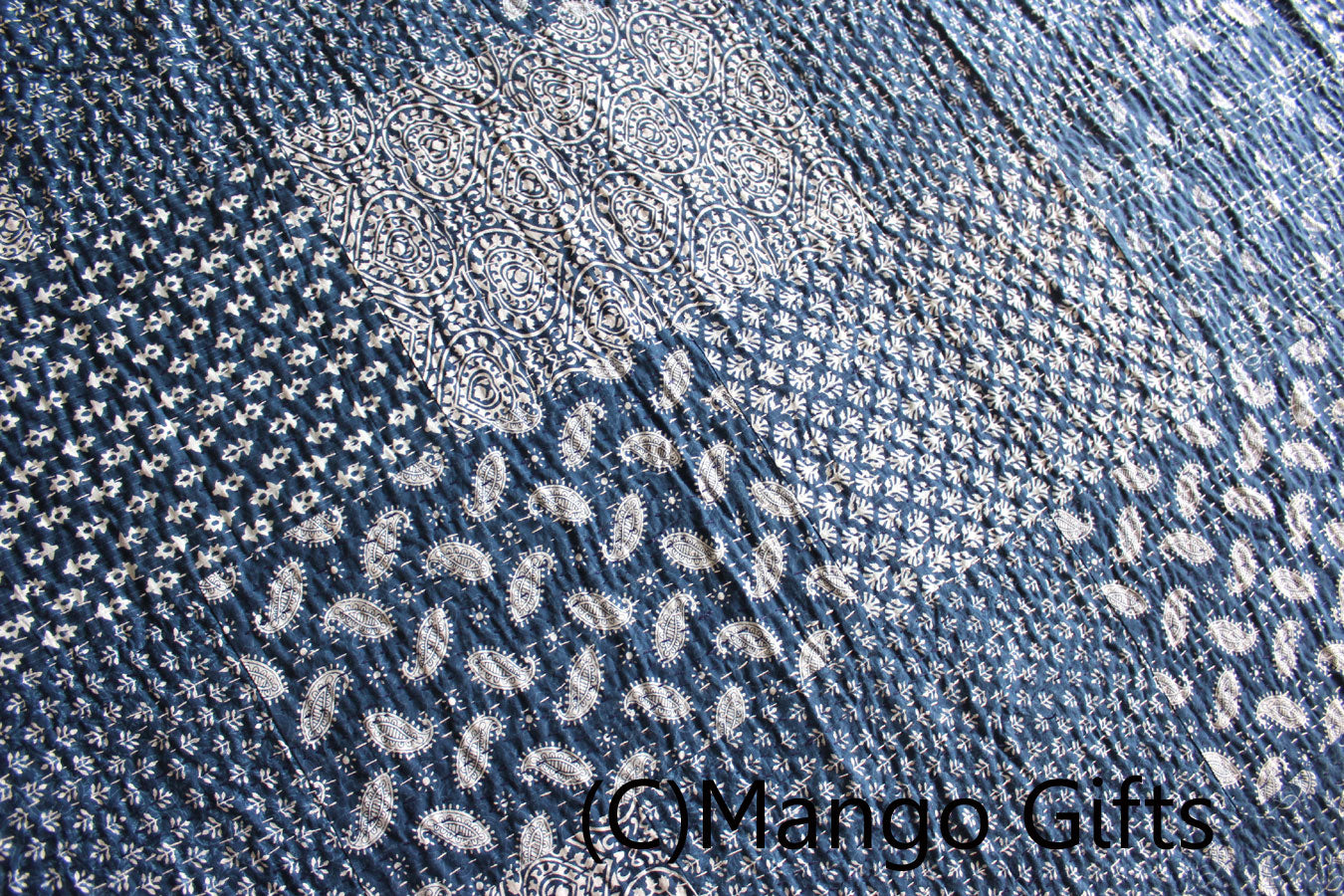 Mango Gifts Indigo Color Hand Block Printed Kantha Quilt Throw, Patchwork Cotton Bedspread Queen Size - Mangogiftsstore