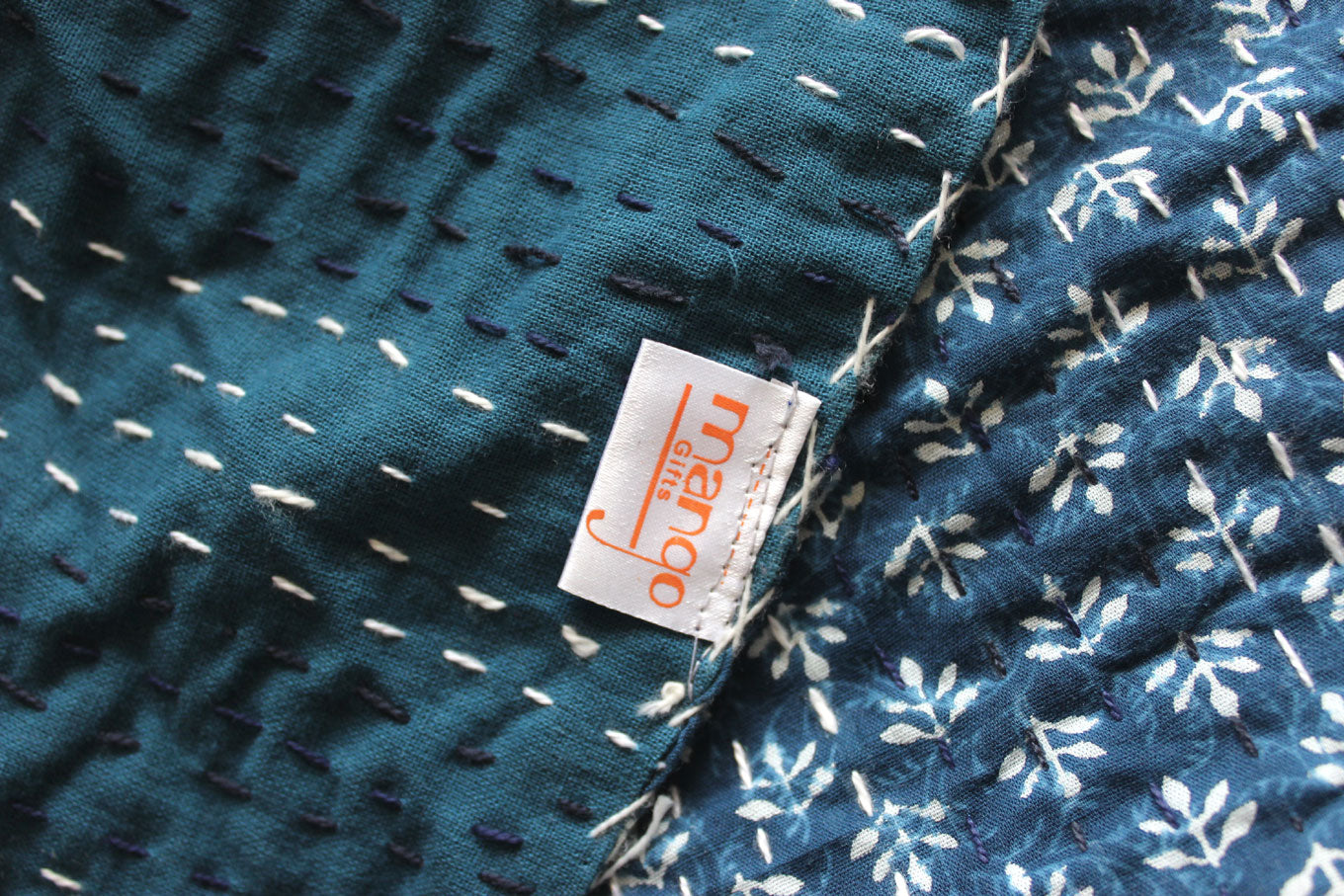 Mango Gifts Indigo Color Hand Block Printed Kantha Quilt Throw, Patchwork Cotton Bedspread Queen Size - Mangogiftsstore