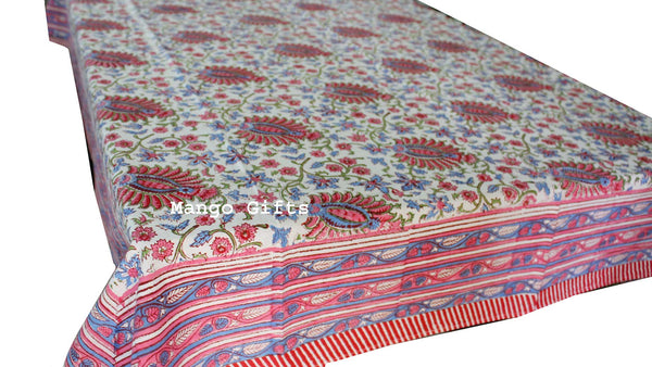 Hand Block Print India Table Cloth 60 x 90 Inches 100% Cotton Table Cover Floral Print - Mangogiftsstore