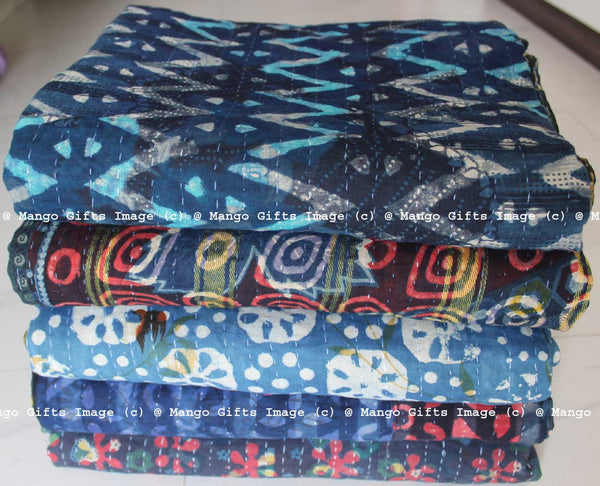 Hand Block Print 100%Cotton Reversible Kantha Throw Ralli Bedcover Twin Size - Mangogiftsstore