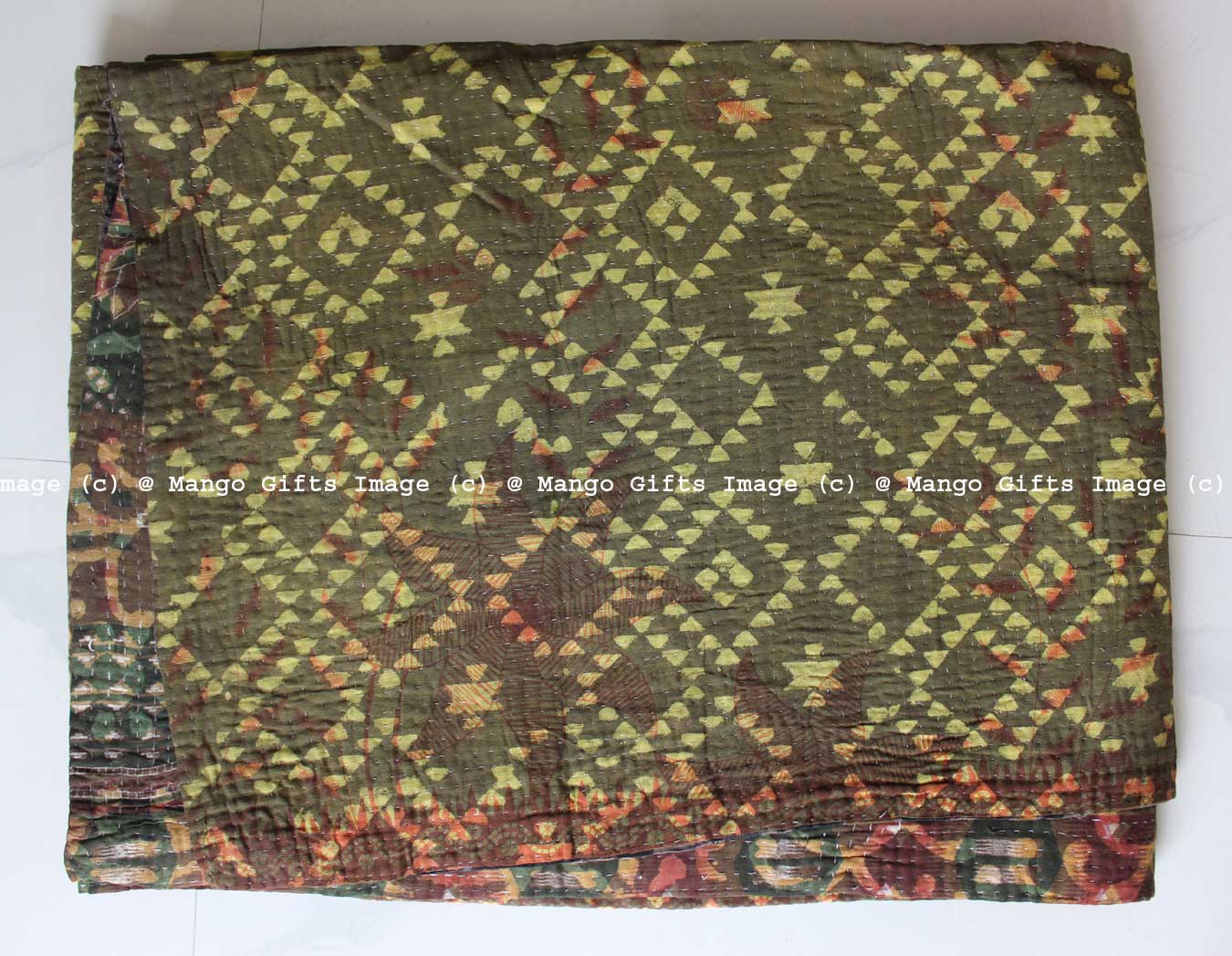 Hand Block Print 100%Cotton Reversible Kantha Throw Ralli Bedcover Twin Size - Mangogiftsstore