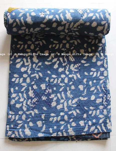 Hand Block Print 100%Cotton Reversible Kantha Throw Ralli Bedcover Twin Size - Mangogiftsstore