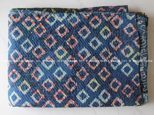 Hand Block Print 100%Cotton Reversible Kantha Throw Ralli Bedcover Twin Size - Mangogiftsstore