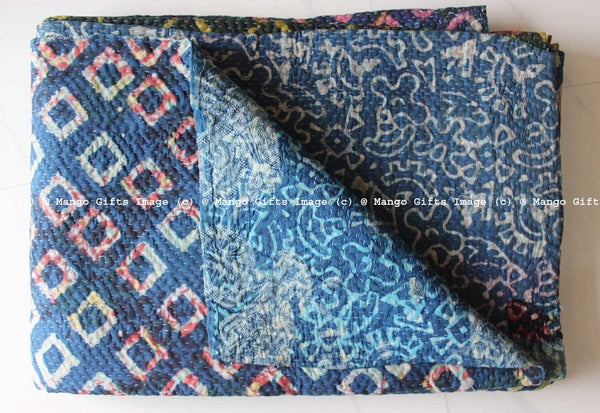 Hand Block Print 100%Cotton Reversible Kantha Throw Ralli Bedcover Twin Size - Mangogiftsstore