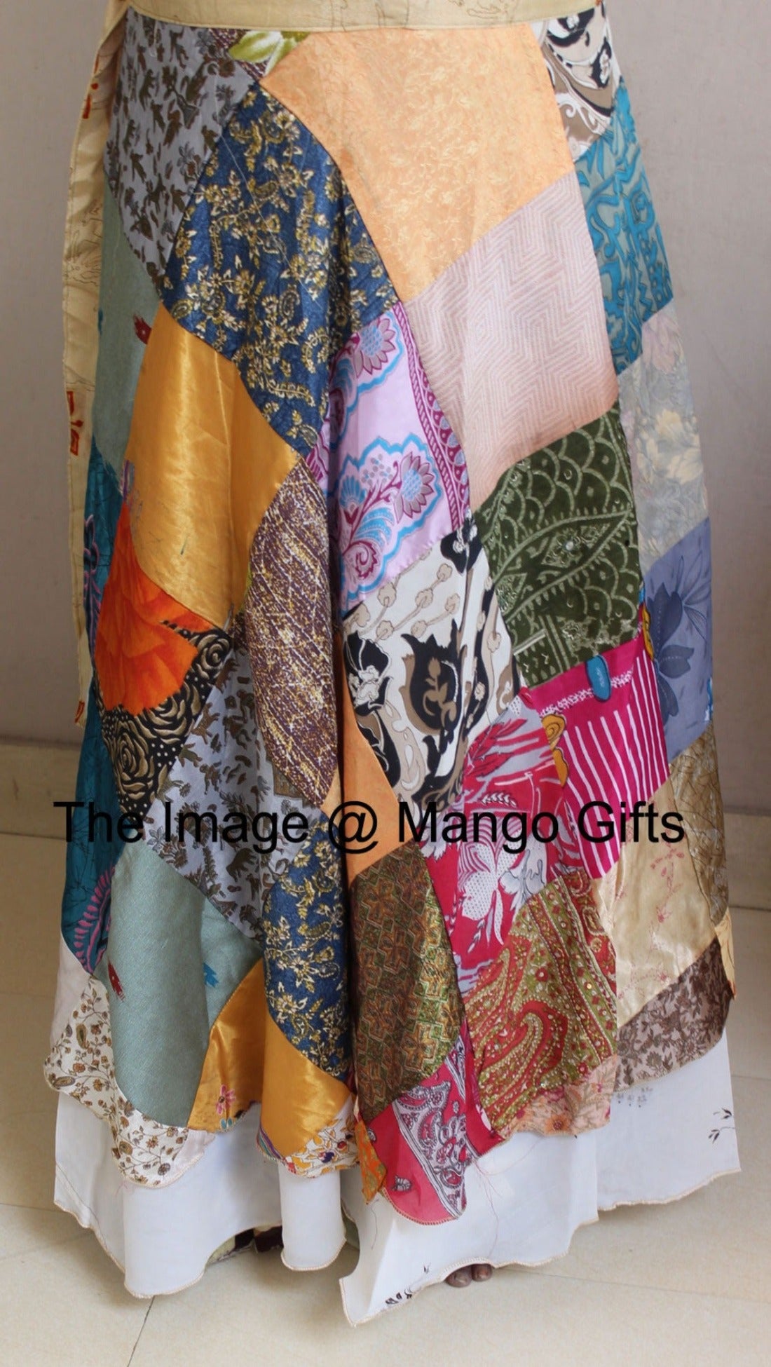 Vintage Silk Sari Recycled Patchwork Magic Wrap Around Skirt Reversible Dress - Mangogiftsstore