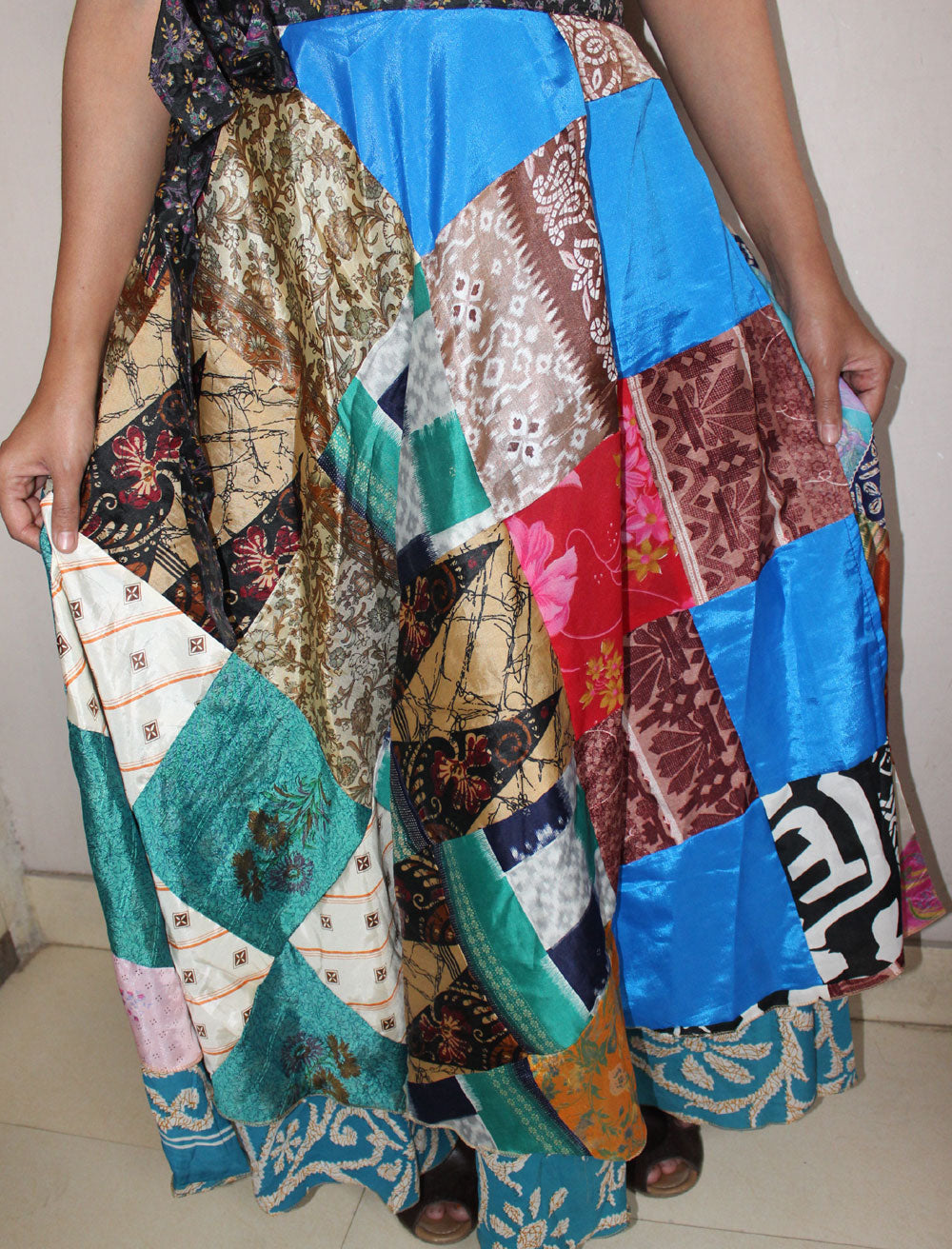 Vintage Silk Sari Recycled Patchwork Magic Wrap Around Skirt Reversible Dress - Mangogiftsstore