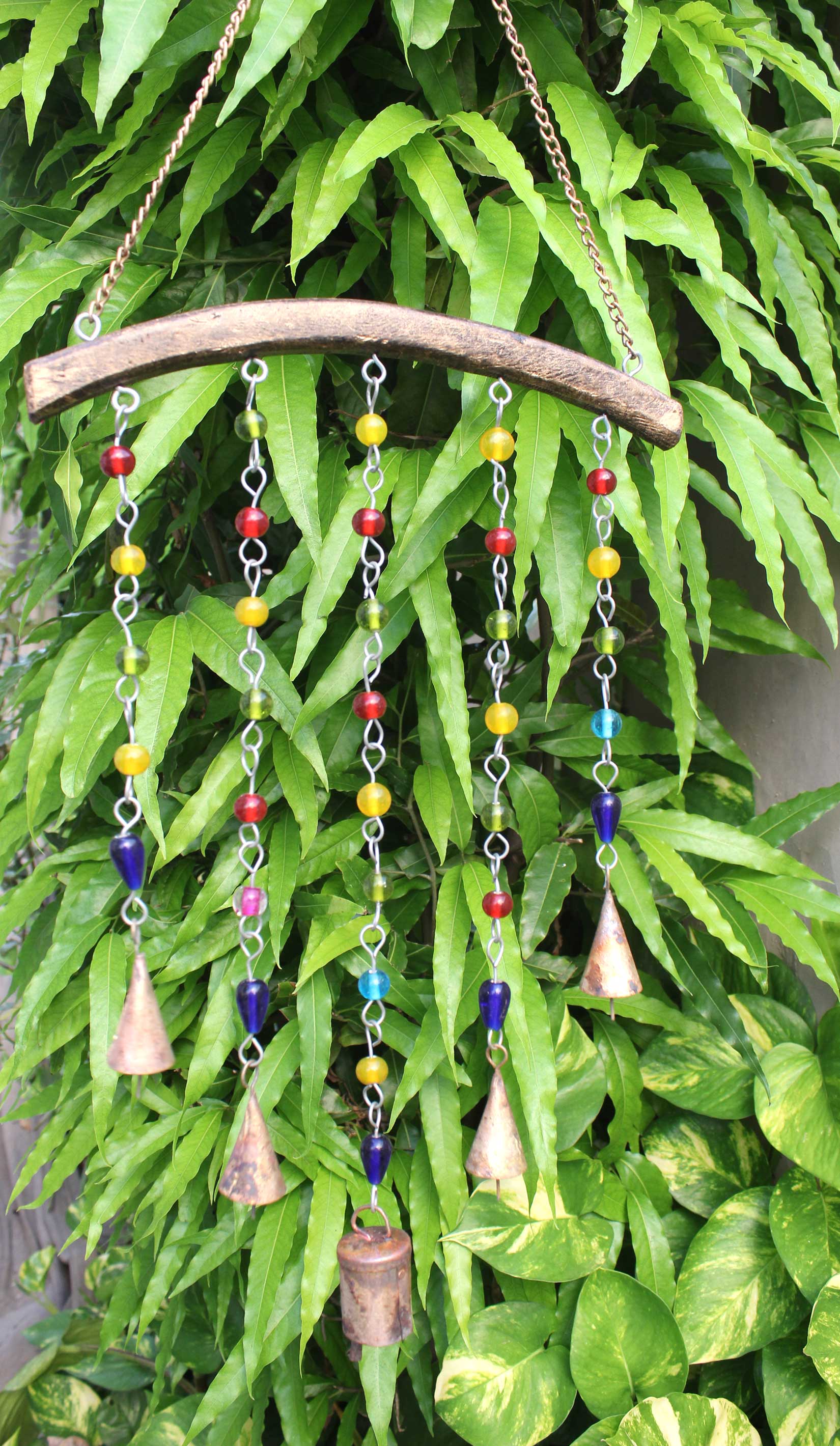 Handmade hanging chime bells and colorful beads decoration for garden and patio. Bohemian style, 10" wide and 65" long.