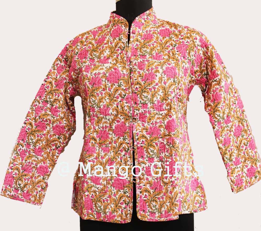 Women Pink Floral Printed Quilted Cotton Lightweight Reversible Fashion Wear Jacket