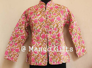 Women Pink Floral Printed Quilted Cotton Lightweight Reversible Fashion Wear Jacket