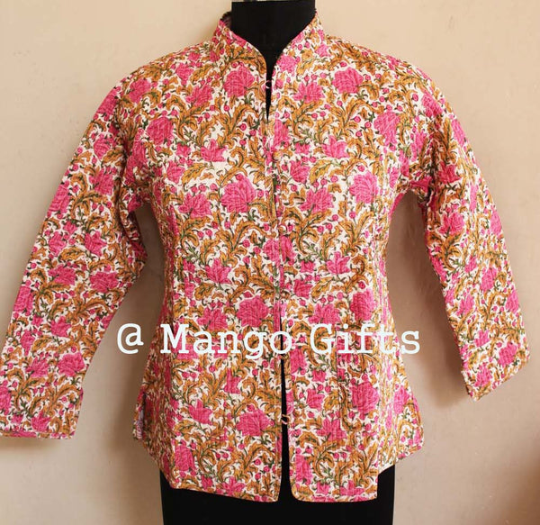 Women Pink Floral Printed Quilted Cotton Lightweight Reversible Fashion Wear Jacket