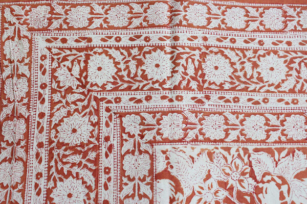 Hand Block Print India Table Cloth 60 x 90 Inches 100% Cotton Table Cover Floral Print Orange Color