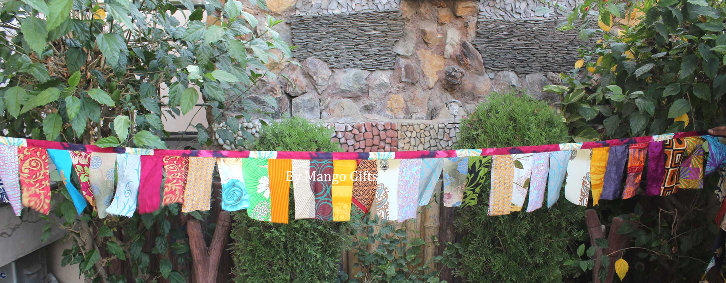 Mango Gifts Handmade Multicolour Indian Vintage Recycled Sari Saree Large Flag Bunting Garlands for Party Garden Outhouse and Patio Decoration