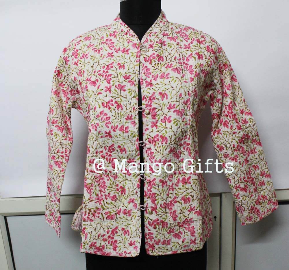Women Pink Floral Quilted Cotton Reversible Jacket
