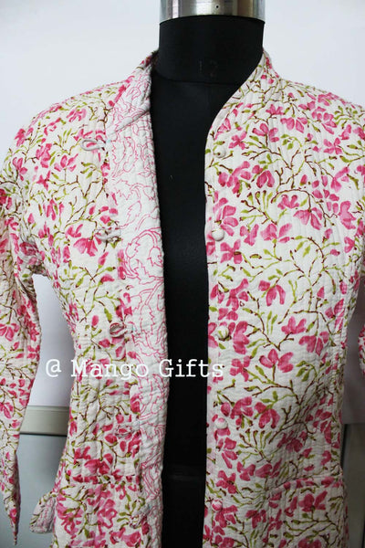 Women Pink Floral Printed Quilted Cotton Lightweight Reversible Fashion Wear Jacket