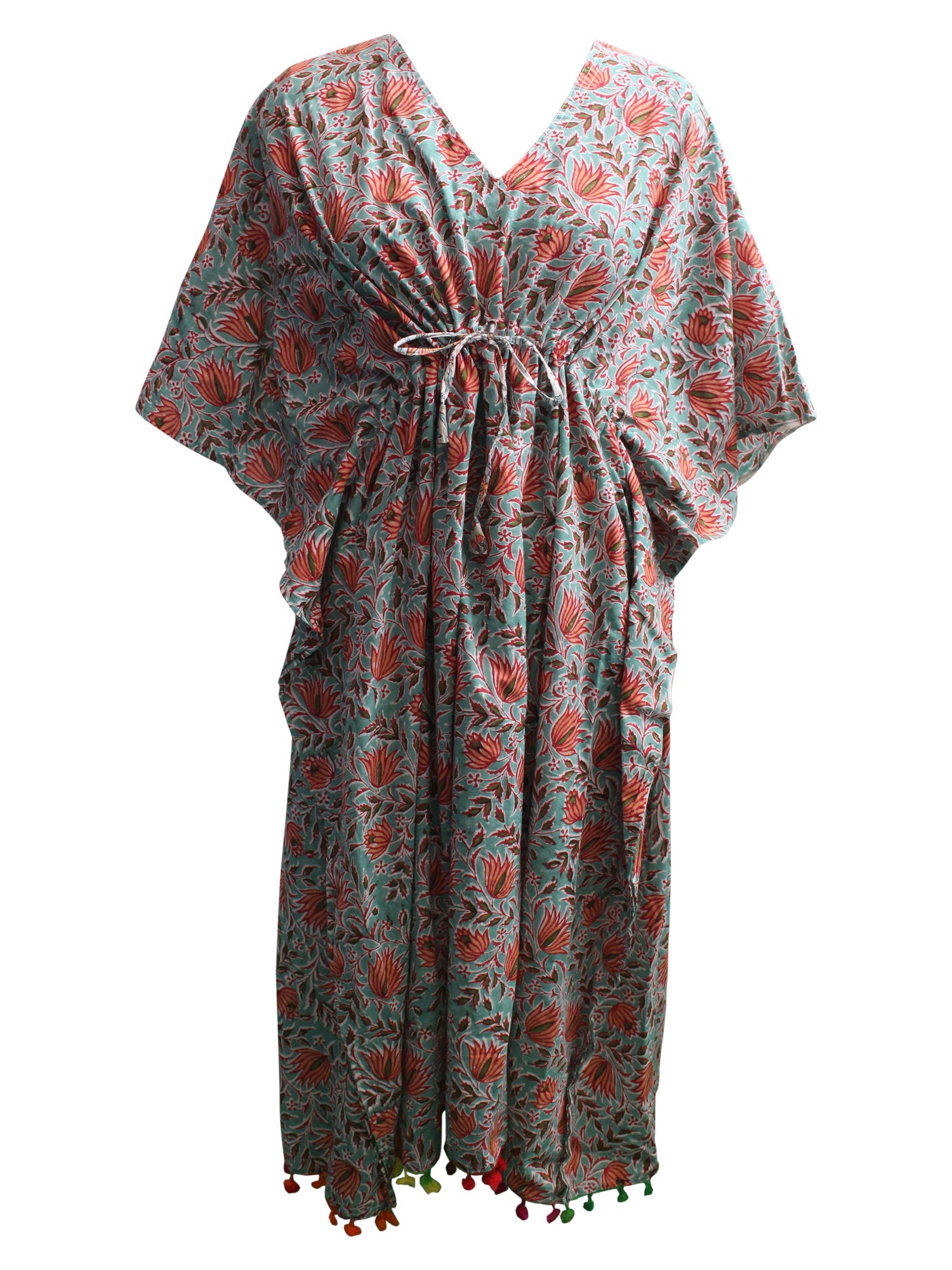 Soft 100% cotton caftan with hand block print, perfect for beach wear and casual outings. Customizable and fits up to 60" bust.