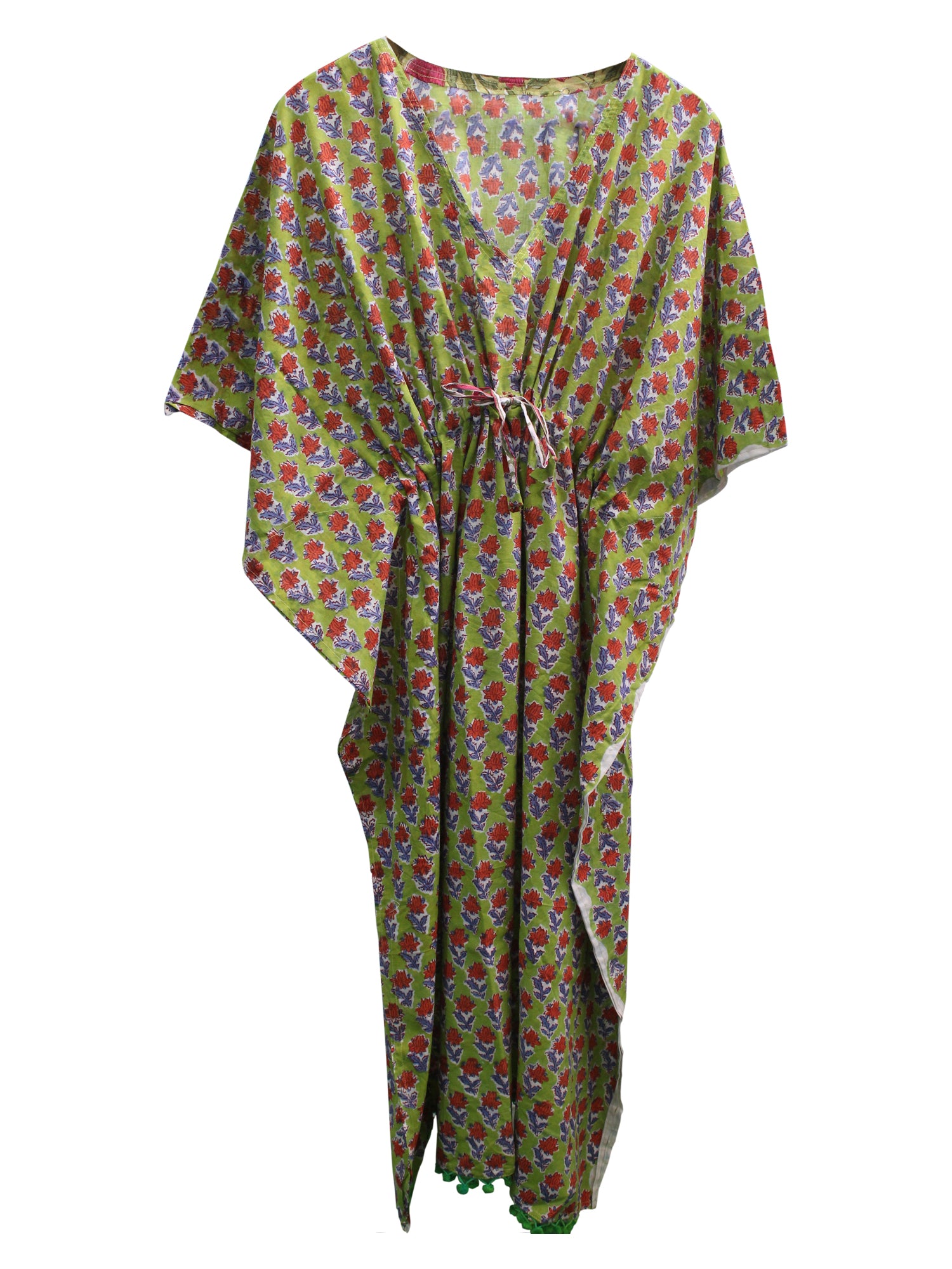 Soft 100% cotton caftan with hand block print, perfect for beach wear and casual outings. Customizable and fits up to 60" bust.