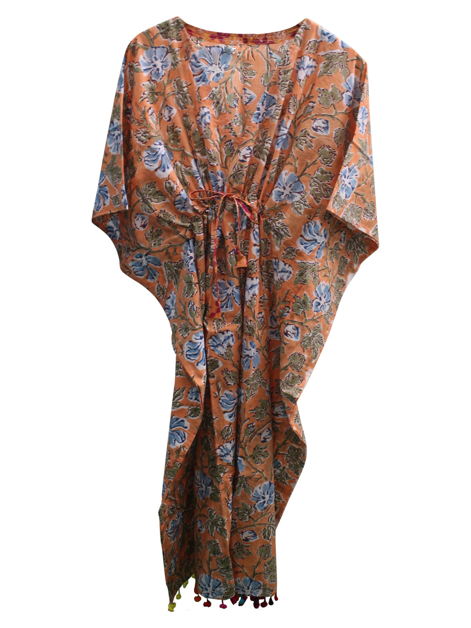 Soft 100% cotton caftan with hand block print, perfect for beach wear and casual outings. Customizable and fits up to 60" bust.
