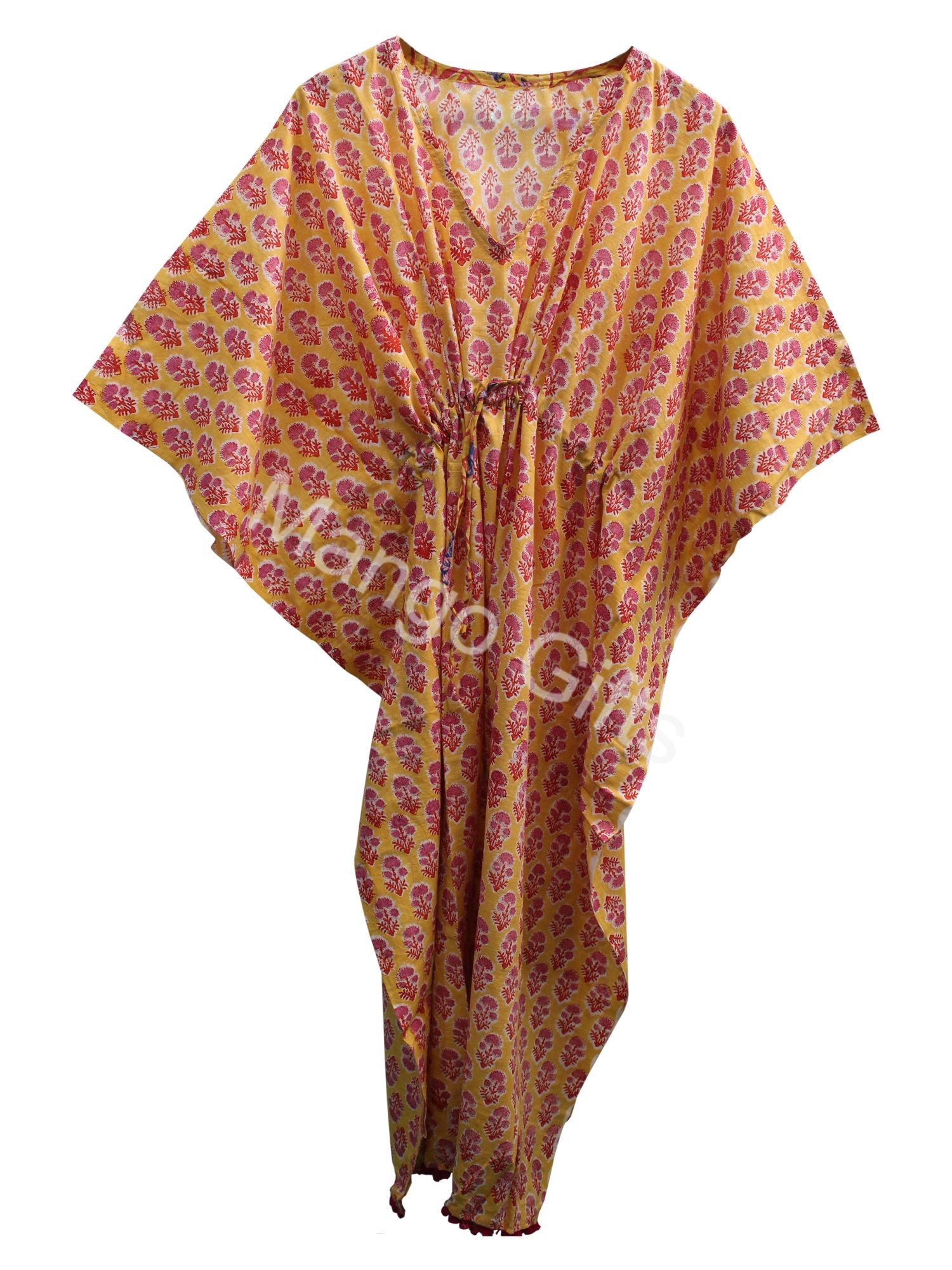 Soft 100% cotton caftan with hand block print, perfect for beach wear and casual outings. Customizable and fits up to 60" bust.