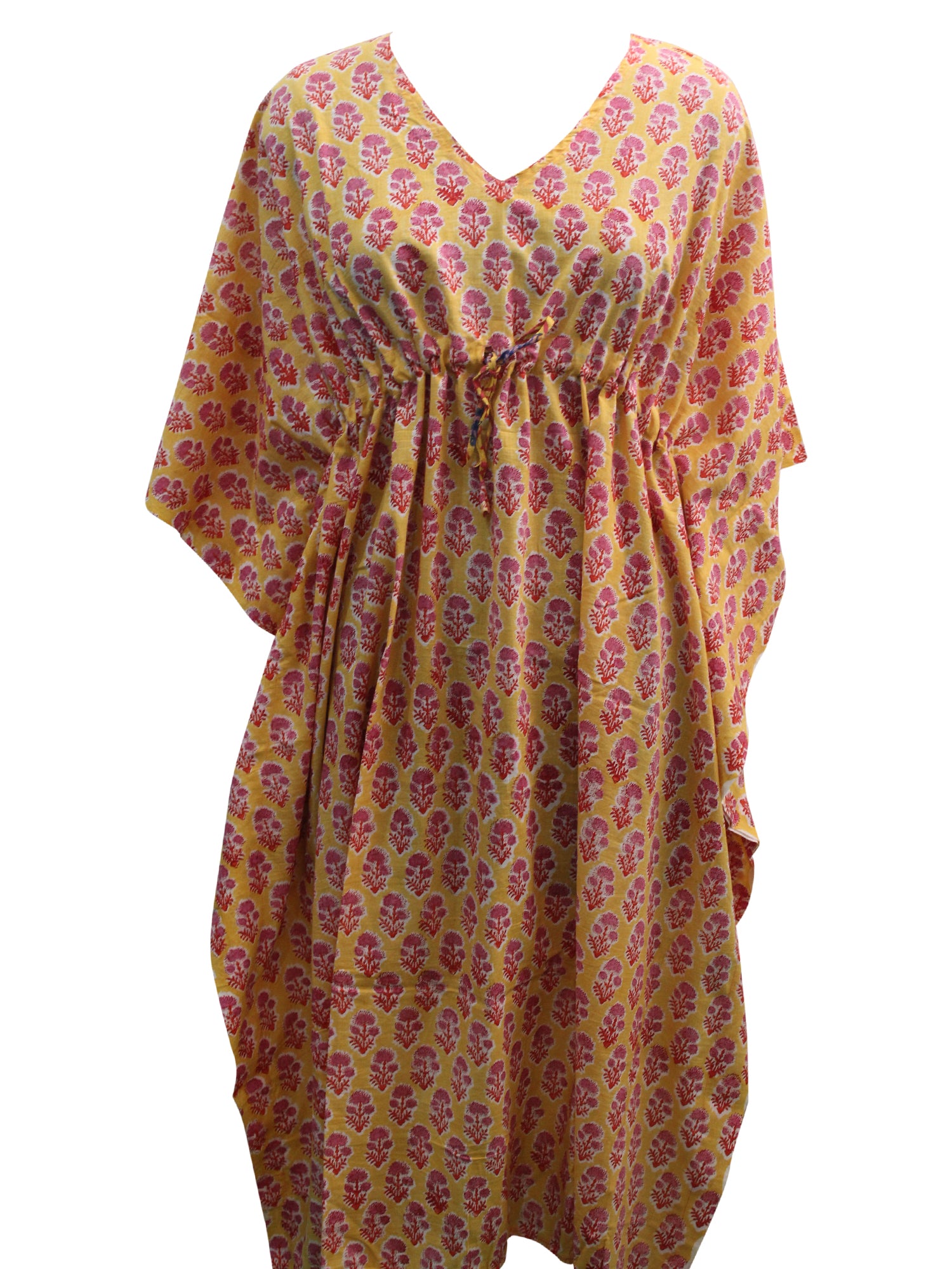 Soft 100% cotton caftan with hand block print, perfect for beach wear and casual outings. Customizable and fits up to 60" bust.