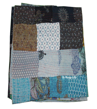 Turquoise kantha bedspread throw cotton sari 