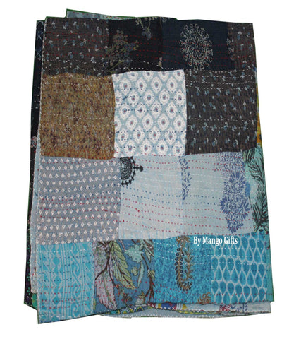 Turquoise kantha bedspread throw cotton sari 