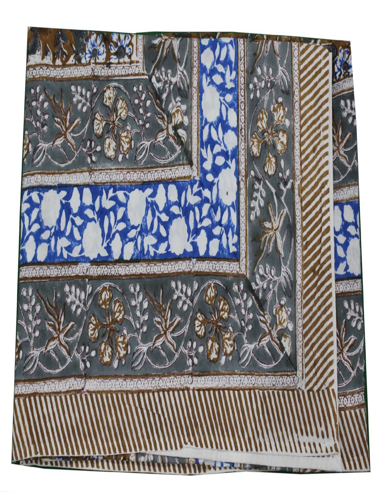 Hand block printed Indian tablecloth with floral designs, multicolored, 100% cotton, 60x90 inches.