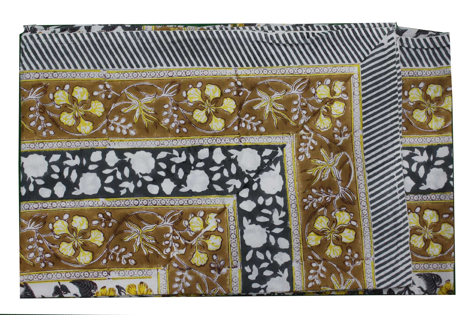 Hand block print Indian tablecloth in multicolor floral design, 100% cotton, 60x90 inches.