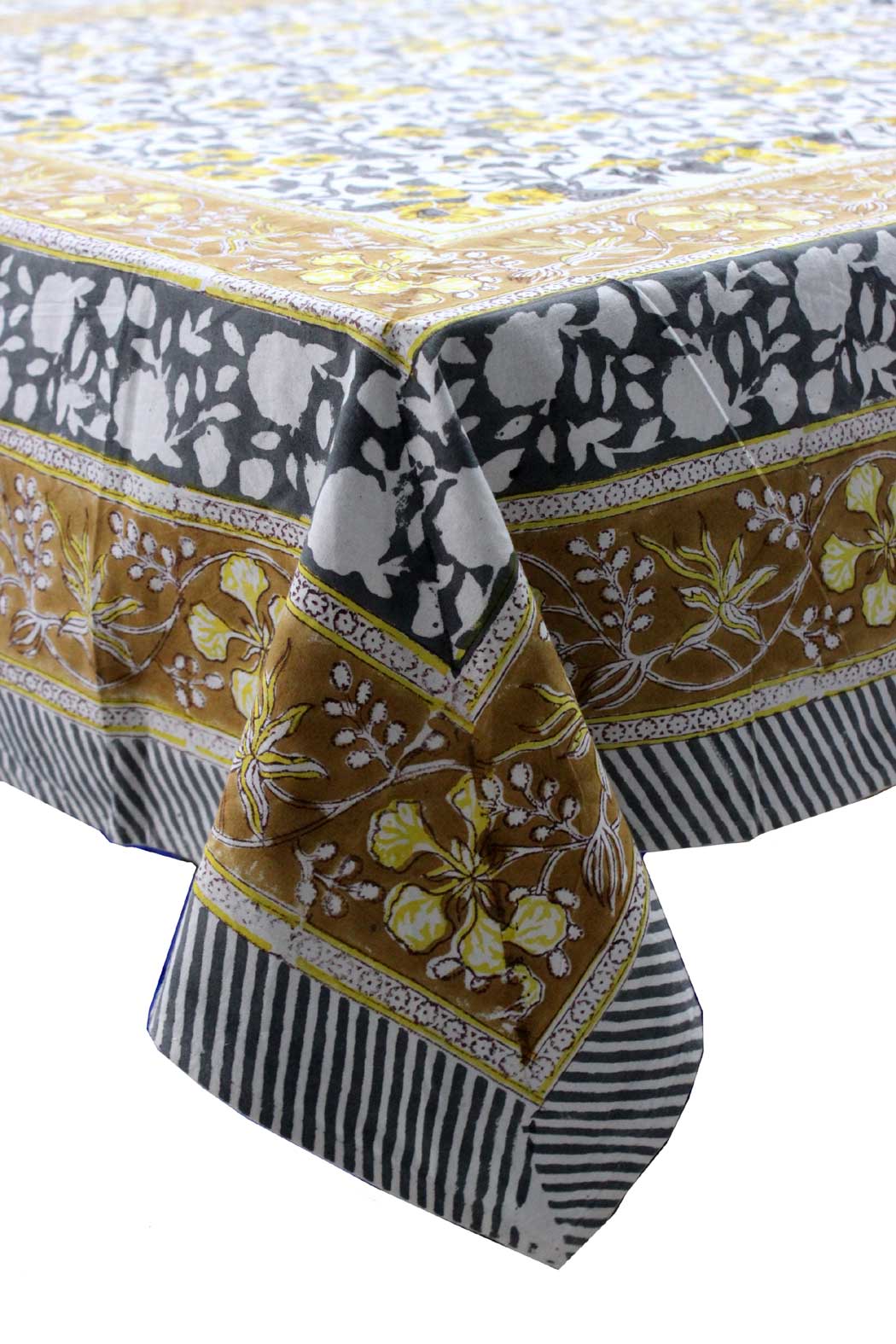 Hand block print tablecloth featuring floral and geometric designs in multicolor, made of 100% cotton, size 60x90 inches.