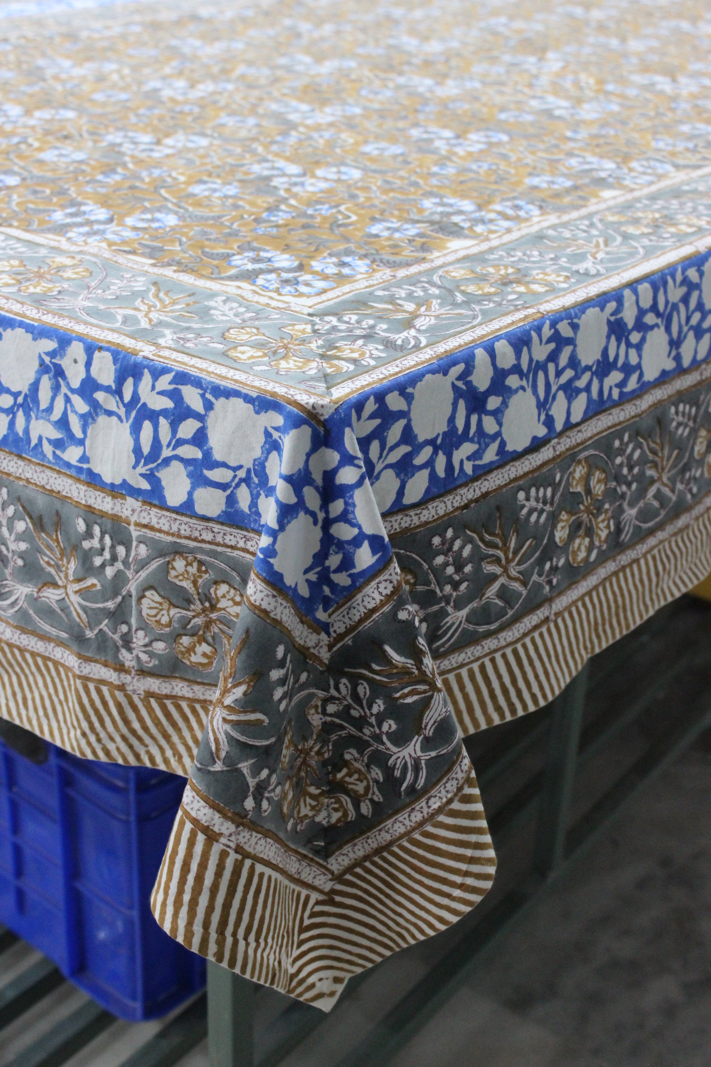 Hand Block Print Cotton Tablecloth in Floral Design, Multi-color, 60x90 Inch, Ideal for Table Cover and Bed Sheet.