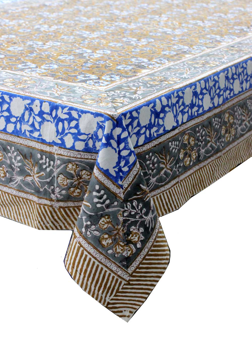 Hand block printed cotton tablecloth with floral patterns in multi colors, 60x90 inches.