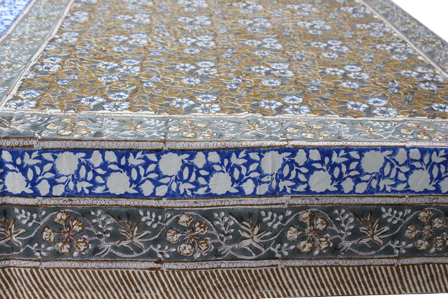 Hand block printed Indian tablecloth, 100% cotton, floral design in vibrant multicolor, size 60x90 inches.