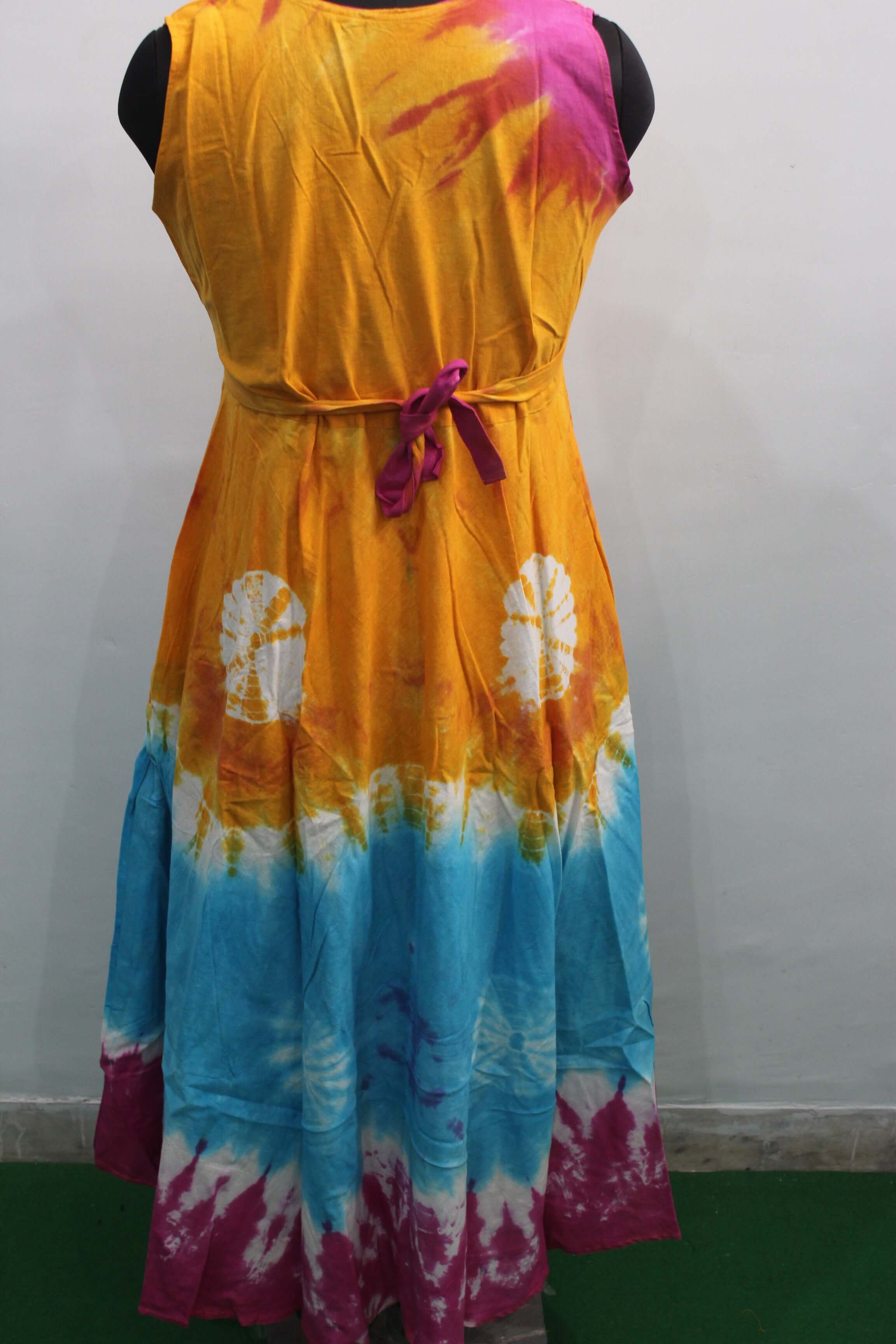 Colorful cotton tie-dye maxi dress for women, featuring a vibrant design and belt, perfect for summer or beach outings.