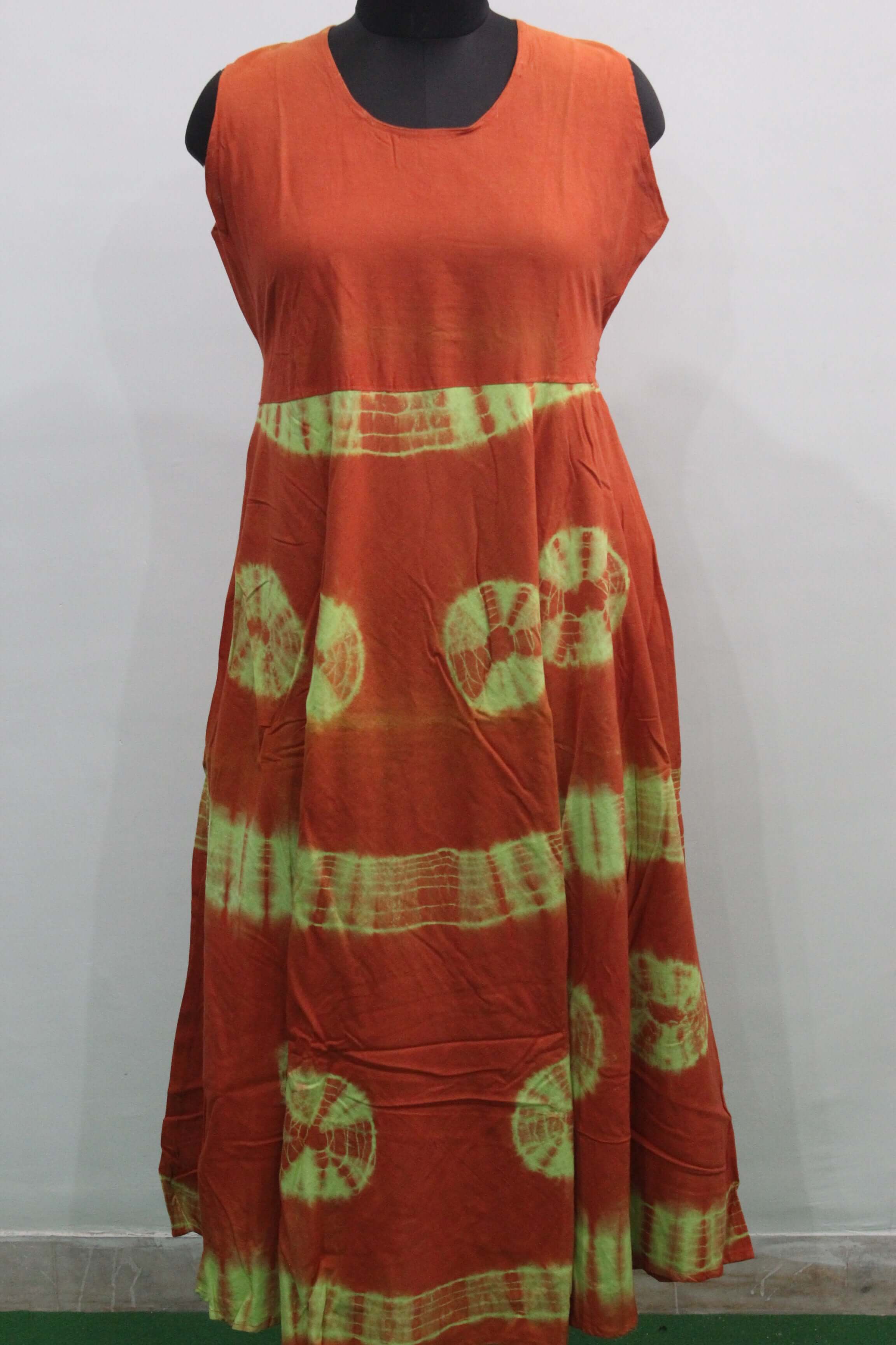 Cotton tie-dye maxi dress in orange and green hues, perfect summer outfit for women, lightweight and stylish.