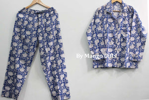 Women night dress suit 100%cotton Hand block print set blue color floral printed