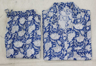 Women night dress suit 100%cotton Hand block print set blue color floral printed