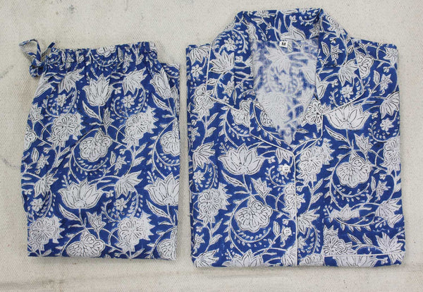 Women night dress suit 100%cotton Hand block print set blue color floral printed