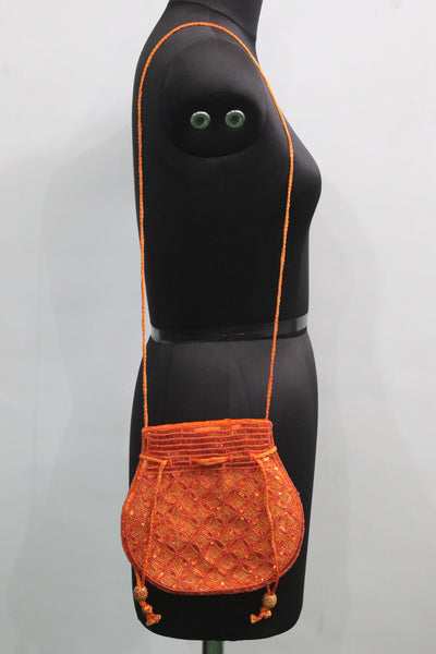 Beautiful Orange Handmade Indian Fashion Potli Bag with Sequins