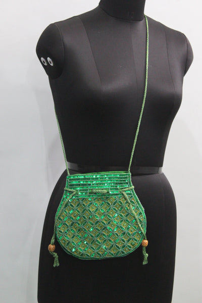 Beautiful Green Handmade Indian Fashion Potli Bag with Sequins