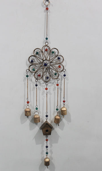 Flower Wind chime with Beads and Bells Handmade Recycled Iron Metal Crafts 21" inches Length