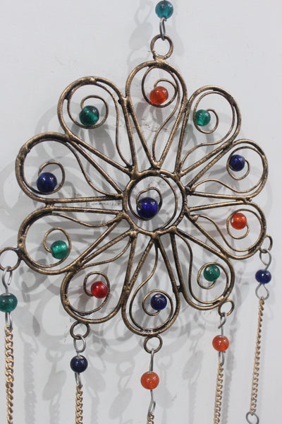 Flower Wind chime with Beads and Bells Handmade Recycled Iron Metal Crafts 21" inches Length