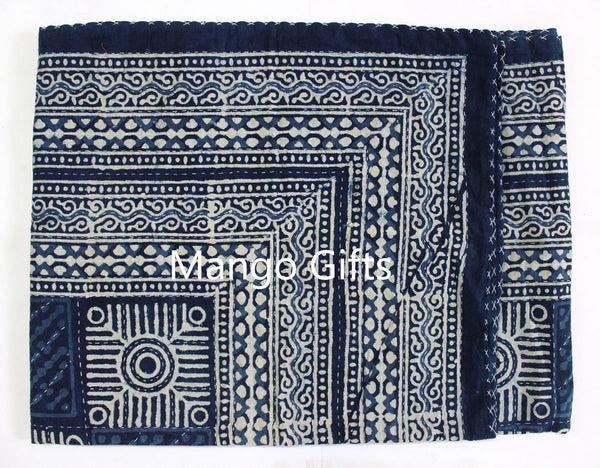 Indigo Hand Block Print 100%Cotton Kantha Bedcover Traditional Indian Home Decor - Mangogiftsstore