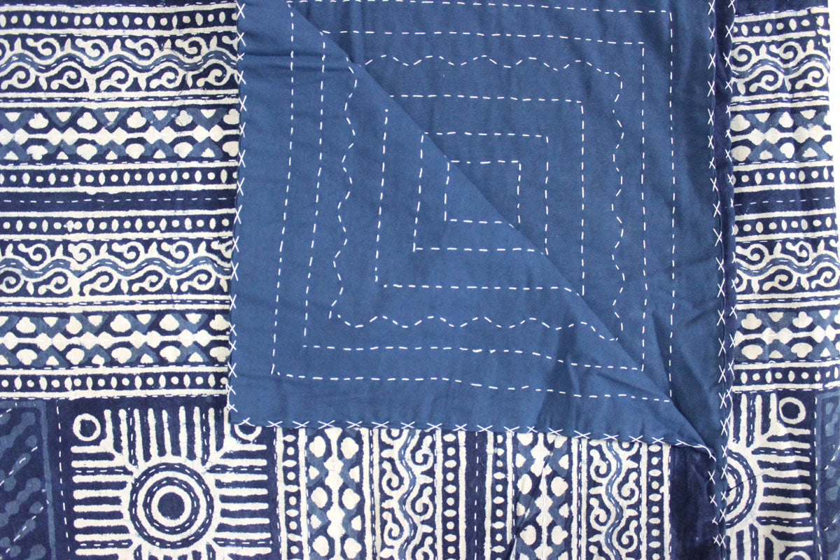 Indigo Hand Block Print 100%Cotton Kantha Bedcover Traditional Indian Home Decor - Mangogiftsstore