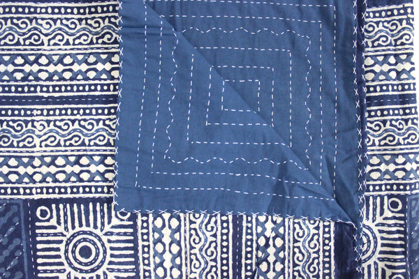 Indigo Hand Block Print 100%Cotton Kantha Bedcover Traditional Indian Home Decor - Mangogiftsstore