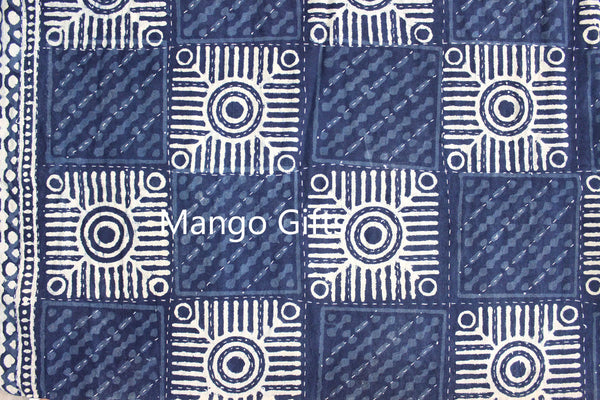 Indigo Hand Block Print 100%Cotton Kantha Bedcover Traditional Indian Home Decor - Mangogiftsstore