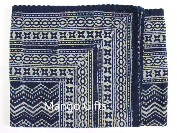 Indigo Hand Block Print 100%Cotton Kantha Bedcover Traditional Indian Home Decor - Mangogiftsstore